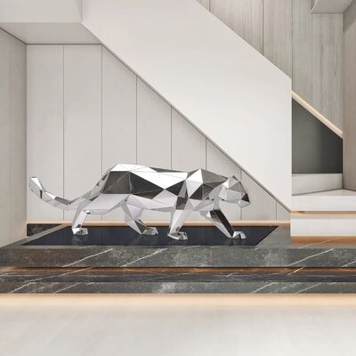 نحت فني حديث على شكل فهد هندسي - تمثال فني من الفولاذ المقاوم للصدأ المصقول بالمرآة لتزيين المنزل والمكتب
