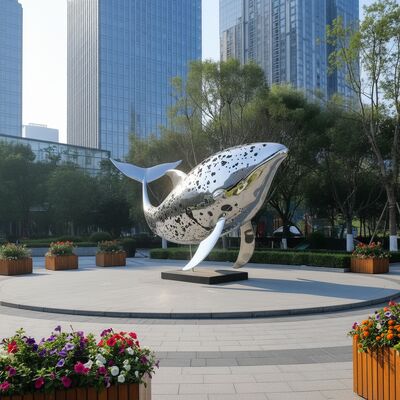 سعر جيد منحوتة حوتية حديثة كبيرة في الهواء الطلق من الفولاذ المقاوم للصدأ مع سطح مرئي ملمع ومقطّب لتزيين فنون حديقة بلازا الانترنت