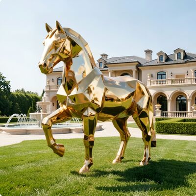 سعر جيد تمثال حصان هندسي فاخر ذهبي بالحجم الطبيعي من الفولاذ المقاوم للصدأ حديث لتزيين فيلا وحديقة وردهة فندق الانترنت