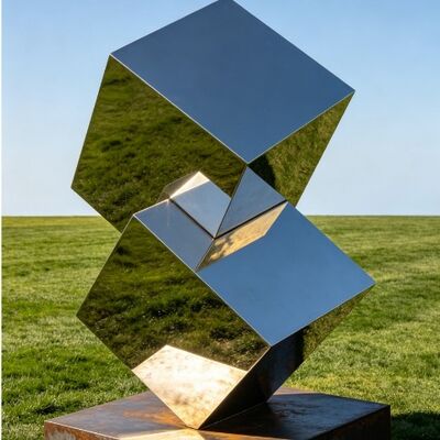 سعر جيد التصميم الأصلي المكعب غير المنتظم الزخرفي المعدن الفولاذ المقاوم للصدأ المرآة النحت البولندي تمثال مخصص الانترنت