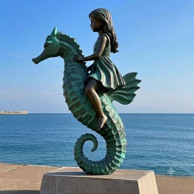 Life-Size Bronze Girl Riding Seahorse Statue