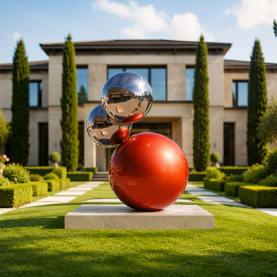 Mirror Polished Stainless Steel and Glossy Red Balloon Sphere Sculpture Outdoor Garden Art Decor for Plaza Park Mall Landscape